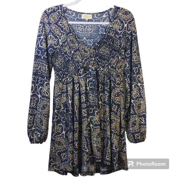 Melloday Boho Mini Dress Long Sleeve Blue Print V-Neck Size Small - Picture 1 of 9